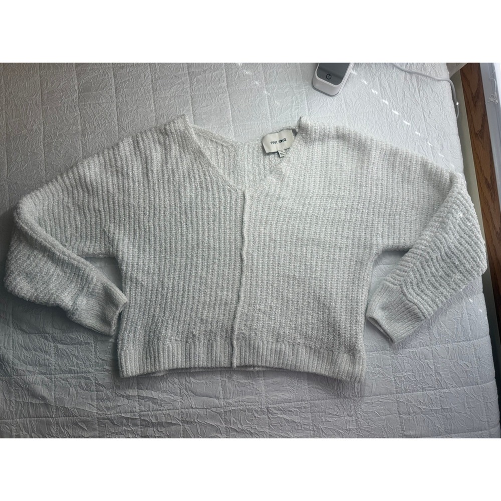 Pink Rose Womens White Metallic Chenille V-Neck Sweater Exposed Seam XS 4S20526
